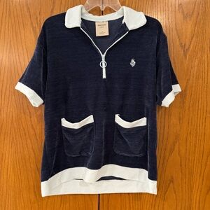 Massive Luxury Terry Chenille 1/4 Zip Short Sleeve Navy Pockets Retro Lion Logo